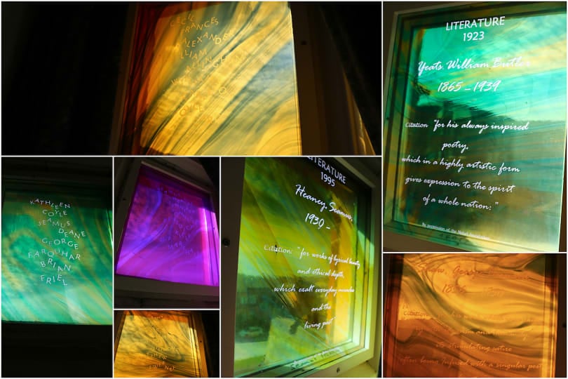Collage of stained glass celebrating Irelands four nobel laureates for literature